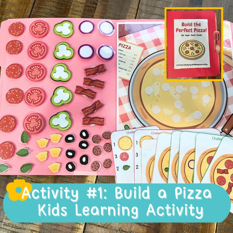 May include: A kids' learning activity set featuring a pink board with various pizza toppings including pepperoni, tomato slices, green peppers, bacon, pineapple, olives, and basil. Includes challenge cards and a red folder labeled Build the Perfect Pizza.