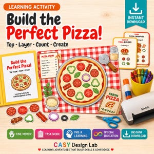 May include: A printable learning activity titled Build the Perfect Pizza featuring a red and white checkered mat, a paper pizza with various toppings, a menu, challenge cards, a toy pizza cutter, scissors, and a laminator.