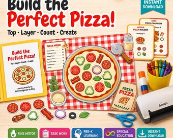 May include: A printable learning activity titled Build the Perfect Pizza featuring a red and white checkered mat, a paper pizza with various toppings, a menu, challenge cards, a toy pizza cutter, scissors, and a laminator.