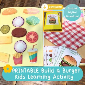 May include: A printable learning activity featuring cut-out burger ingredients including a bun, patty, lettuce, tomato, onion, cheese, fries, and a drink. Includes challenge cards with numbered burger assembly steps and a red and white checkered mat.