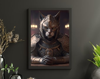 Cat in Combat Armor Art Print: Whimsical Pet Portrait (Digital Download)