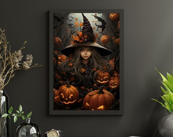 May include: A witch with long brown hair wearing a black pointed hat and black dress stands in a dark forest surrounded by glowing orange pumpkins.