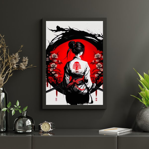 Japanese Woman Warrior Painting, Female Warrior Wall Art, Watercolour Painting, Woman Portrait Artist Poster, Instant Download, Home Decor