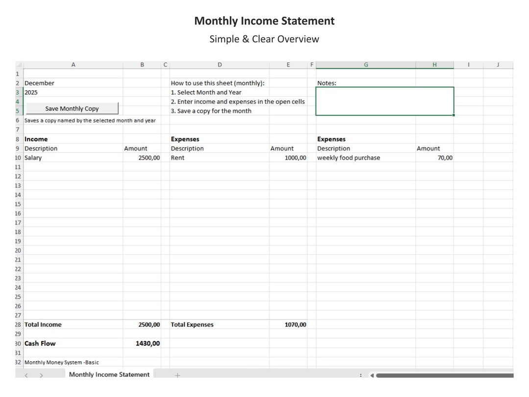Monthly Income Statement | Simple Personal Finance Template - Etsy