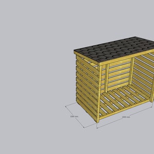 Puede incluir: Un cobertizo de madera para almacenar le&ntilde;a con un frente de listones y un techo de tejas negras. El cobertizo tiene 1000 mm de ancho, 2000 mm de profundidad y 1200 mm de alto.