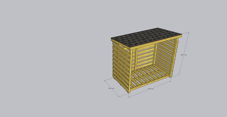 Puede incluir: Un cobertizo de madera para almacenar le&ntilde;a con un frente de listones y un techo de tejas negras. El cobertizo tiene 1000 mm de ancho, 2000 mm de profundidad y 1200 mm de alto.