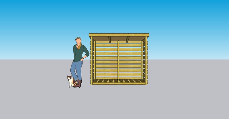Puede incluir: Un le&ntilde;ero de madera con techo, que proporciona refugio para la le&ntilde;a. El le&ntilde;ero est&aacute; hecho de madera natural de color marr&oacute;n claro. Es lo suficientemente grande como para contener una cantidad significativa de le&ntilde;a.