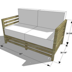 May include: A wooden frame sofa with a slatted design and white cushions. The sofa measures 51 inches wide, 30 1/4 inches deep, and 24 3/4 inches high.