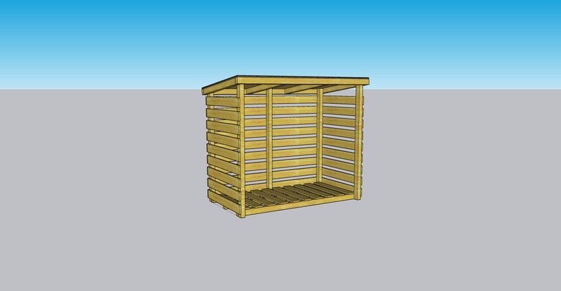 Puede incluir: Un cobertizo de madera para almacenar le&ntilde;a con un techo inclinado y lados de listones. El cobertizo est&aacute; hecho de madera natural y tiene un aspecto r&uacute;stico.