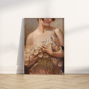 Stampa artistica di donna vintage femminile sottile La Femme Romantica arte lesbica Signora con bouquet di margherite Pittura download digitale