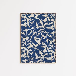 Abstract Bird pattern poster, Printable wall art, White and Blue art, Eclectic wall art, Vintage poster Digital download