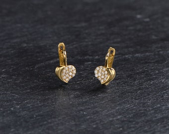 Radiant Love: 14K Gold Heart Earrings with Sparkling Stones - Trendy Earring - Real Gold - Discount gold