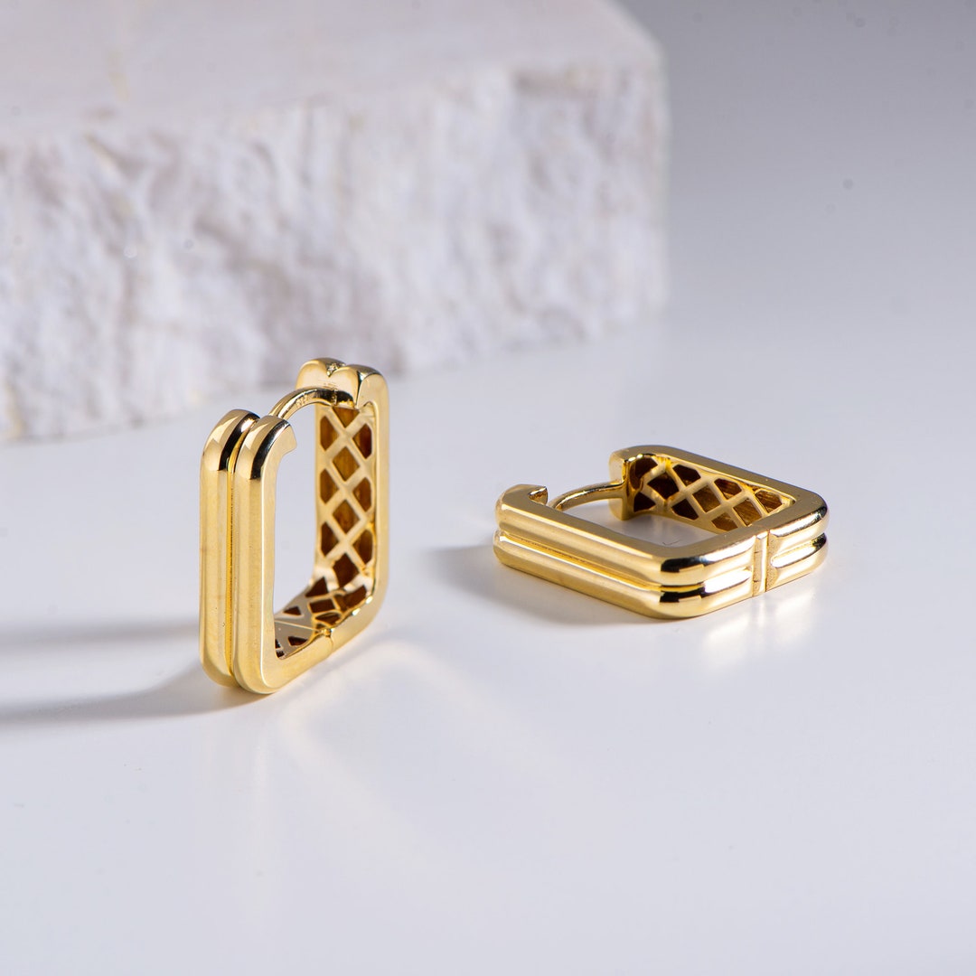 14K Gold Square Hoop Earrings Trendy Earring Real Gold Discount Gold - Etsy