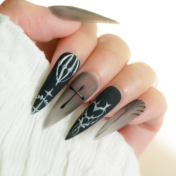 Gothic Nails Chrome design, Press On Nails, Gel Nails, Custom Fake Nails, Black Nails Press On, Chrome nails, Matte Nails