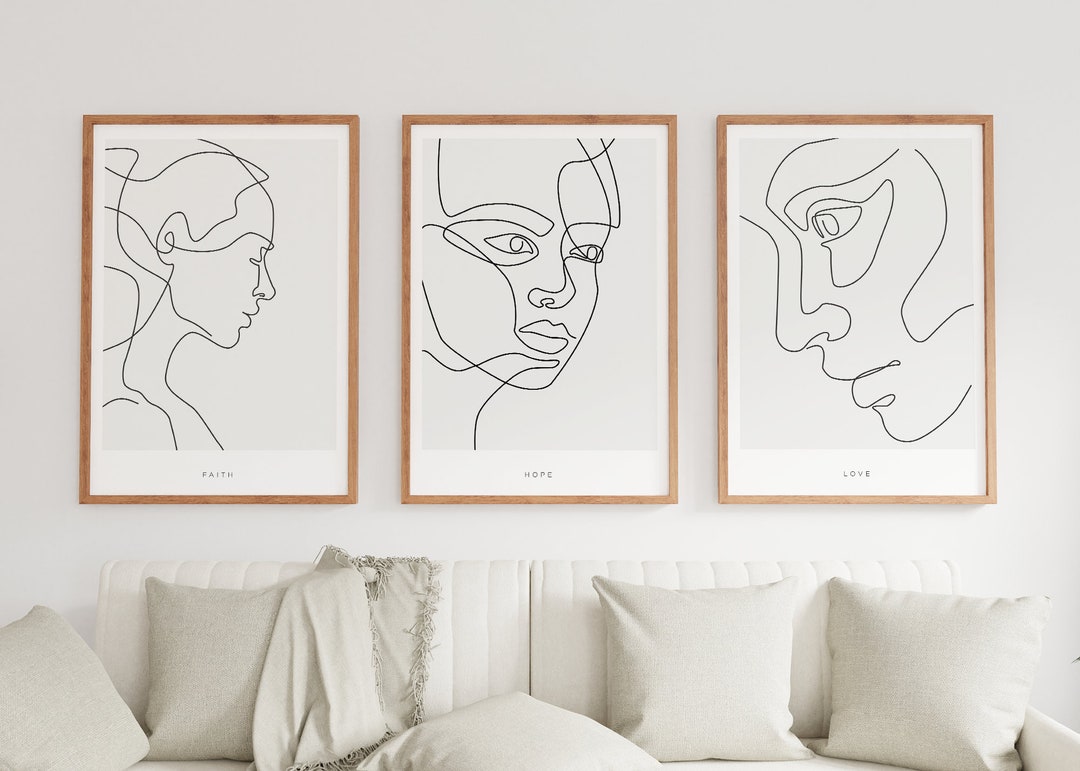 Minimalist Woman Line Art Print, Set of 3 Prints, Faith, Hope & Love ...