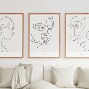 Minimalistische vrouw line art print, set van 3 prints, Faith, Hope & Love - face line art