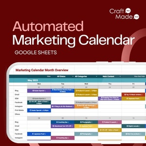 Könnte beinhalten: Eine Google Sheets-Kalender-Vorlage für automatisiertes Marketing. Der Kalender ist nach Wochentagen farblich gekennzeichnet und enthält eine Liste von Marketingaufgaben für jeden Tag, wie z. B. Blogbeiträge, Social-Media-Updates und E-Mail-Kampagnen. Der Kalender trägt den Titel "Automatischer Marketingkalender" und ist mit "Google Sheets" gekennzeichnet.