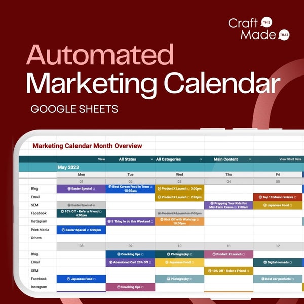 2024 Dynamic Marketing Calendar, Automated Planner, Monthly Overview Template, Undated Schedule