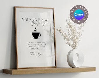 Morgengebräu, Kaffee, Airbnb-Schildvorlage, bearbeitbare Airbnb-Canva-Vorlage, Schild Verleih nach Hause, VRBO-Verleihschild, Airbnb-Gastgeber, Minimalschild