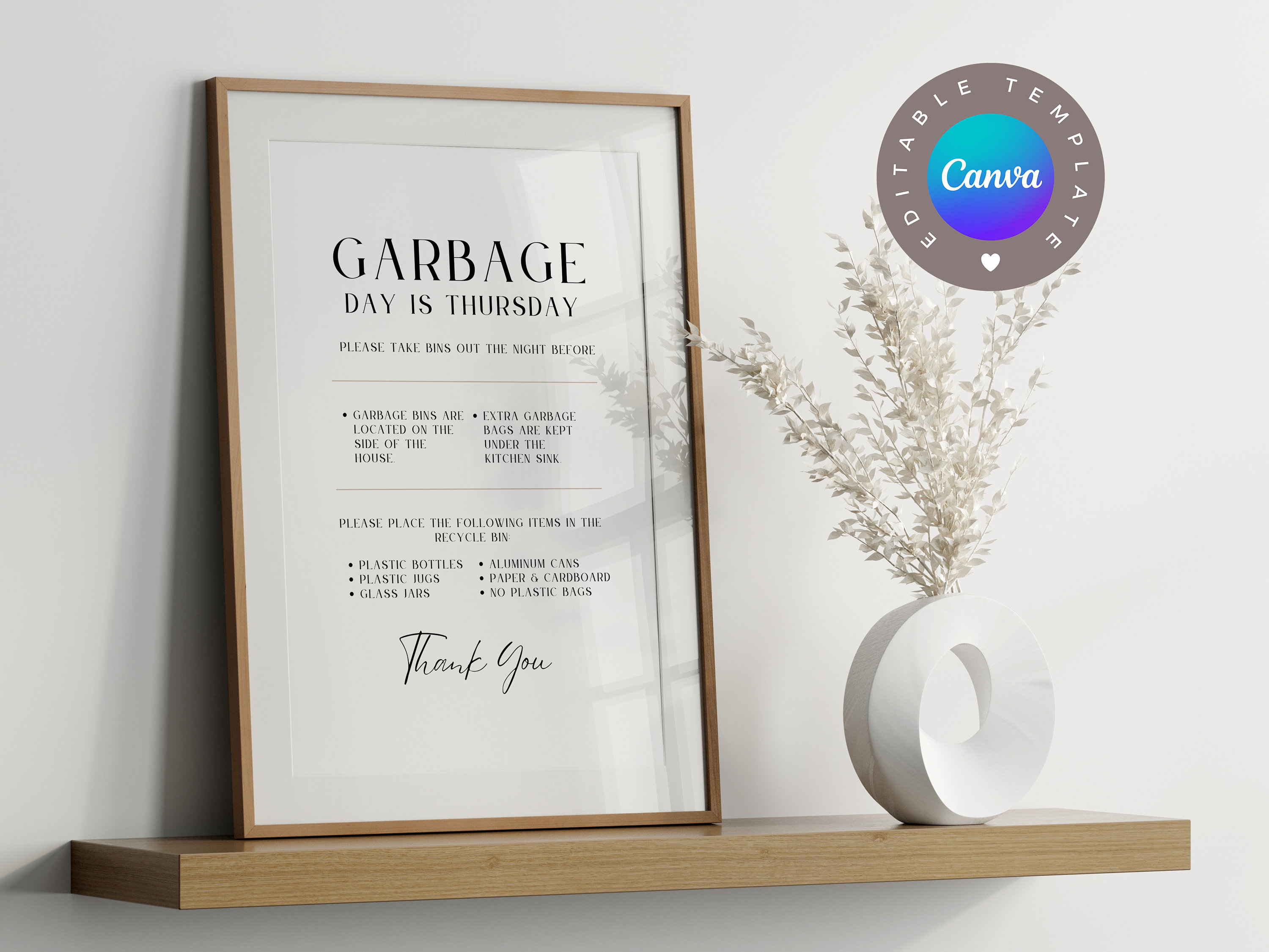 Garbage Day Airbnb Sign Template, Trash Day, Editable Airbnb Canva Template, Sign Rental Home, VRBO Rental Sign, Airbnb Host, Minimal Sign