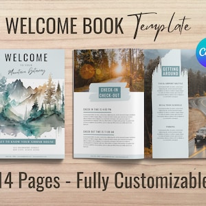 May include: A welcome book template for a mountain getaway. The cover features a watercolor illustration of a mountain range with trees. The inside pages include information about check-in and check-out times, getting around, and local attractions. The text reads "Welcome to your Mountain Getaway" and "Getting Around".