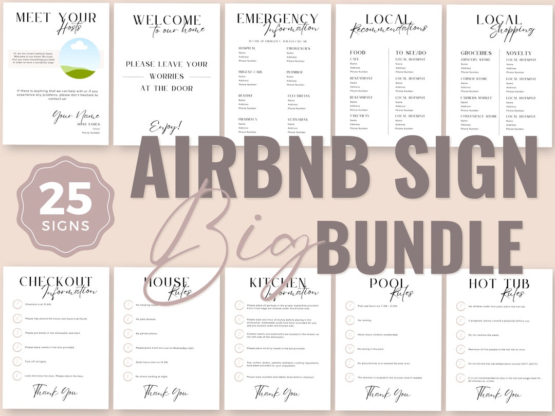 Airbnb Sign Bundle Template, Neutral Accents, Editable Airbnb, Signs ...