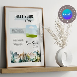 May include: A printable sign with a watercolor mountain scene and the text "Meet Your Hosts". The sign also includes space for the host's name, email, and phone number.