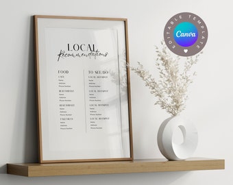 Local Recommendations Airbnb Sign Template, Editable Airbnb Canva Template, Signs Rental Home, VRBO Rental Sign, Airbnb Host, Minimal Signs