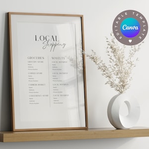 May include: A printable poster with a minimalist design featuring the text "Local Shopping" in a black serif font. The poster is divided into two columns, "Groceries" and "Novelty", with a list of local stores and their contact information under each heading.
