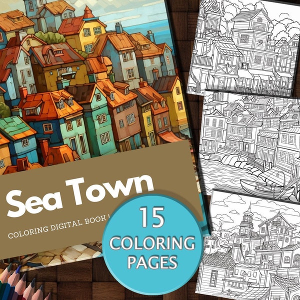 15 Sea Town  Coloring Pages, Town, Houses, Sea, Boats, Digital Book, Printable Adult Coloring Pages, Grayscale, Instant PDF Download