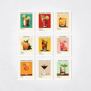 9 Digital Cocktail Wall Art Prints, Minimalist Bar Decor Printable for download, Custom Art Set of 9, Moscow Mule, Bloody Mary, Whiskey Sour