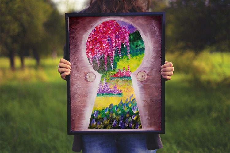 秘密の花園の絵画、鍵穴の絵画、花、壁アート - Etsy 日本