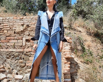 Handmade and hand painted long denim vest. Upcycling. Unique piece made with recycled jeans