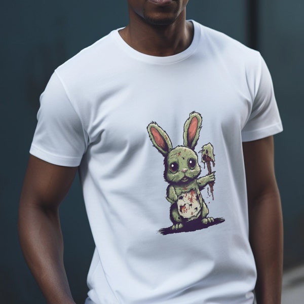 Zombie Easter Bunny Unisex Cotton T - Creepy Cute Eerily Adorable Furry Fluffy Horror Graphic Design, Yami Kawaii Goth Spooky Halloween Vibe