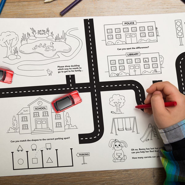 Colouring, Activity sheet, Road map Printable print. Busy book, quiet book. Activities for toddlers, children. Montessori worksheet workbook