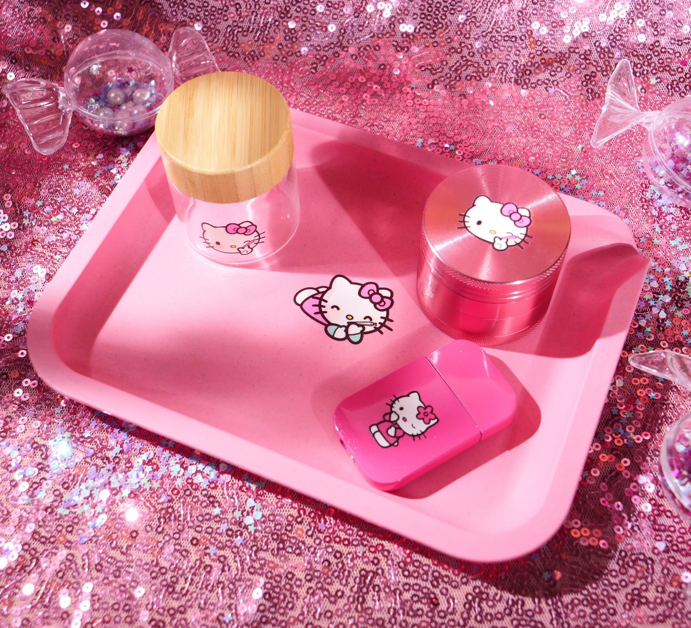 Hello Kitty Rolling Tray, Ashtray And Stash Jar Set!