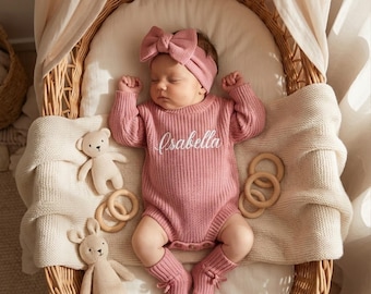 Conjunto personalizado para recién nacida con nombre, pelele bordado con nombre, ropa para volver a casa, tejido de algodón orgánico, unisex.