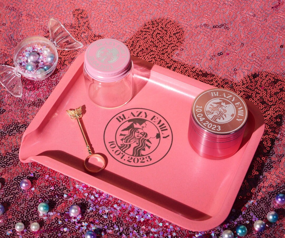 Custom Girly Grinder Set, Personalized Cute Pink Rolling Tray Bundle