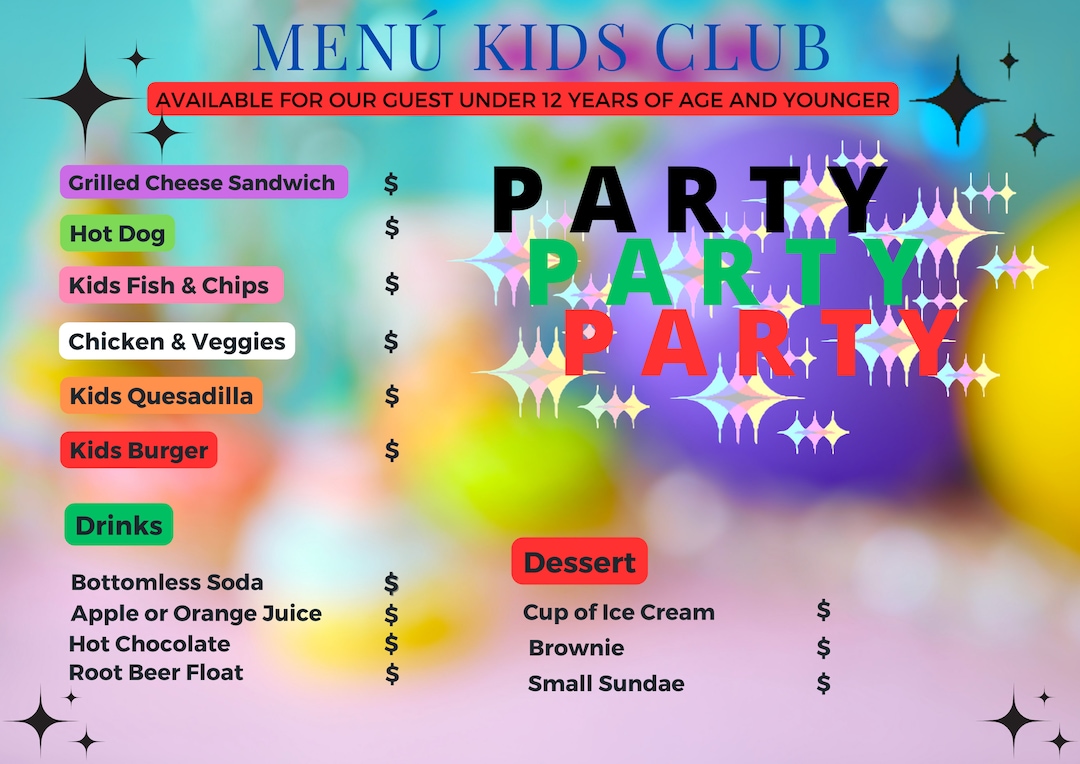 Kids Party Menu: Kids Menu, Digital Menu, Kids Restaurant, Kids Food
