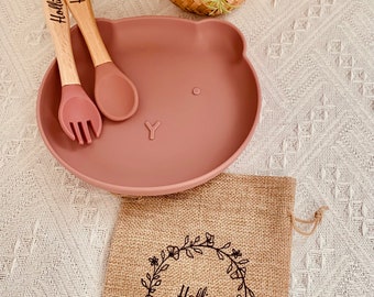 Personalized wooden cutlery silicone plate