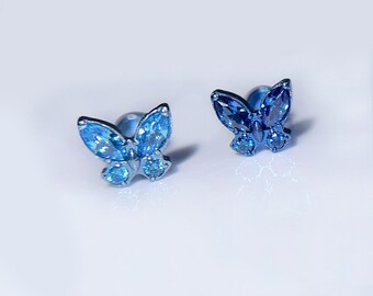 Grade 23 Implant Grade Titanium CZ Butterfly Top Internal Threaded Labret Earring Anodized by Hand 1pc