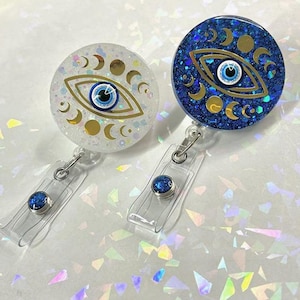 Evil Eye Krankenschwester Yoga Blau Gold Ward off Evil Schutz Krankenhaus ID Abzeichen | Gute Energie Meditation Evil Eye einziehbare Badge Reel Halter
