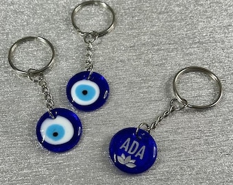 Personalized Evil Eye Ward off Evil Greek Karma Lotus Name Keychain Charm Unique Protection Good Luck Customized Gift Amulet