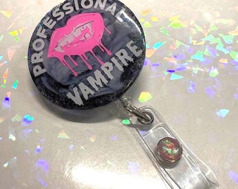 Marble Glitter Professional Vampire Phleb Nurse Phlebotomist Medical Tech Halloween Blood Lips Badge ID Reel Medical Staff Appreciation Gift