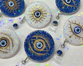 Evil Eye Yoga Blue Gold Ward off Evil Protection Hospital ID Badge | Good Energy Meditation Evil Eye Retractable Badge Reel Holder