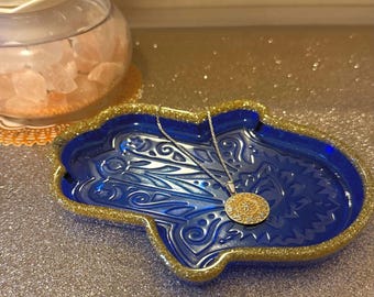 Custom Hamsa Evil Eye Protection Charm Dish | Small Jewelry Soap Trinket Decorative Tray | Glitter Accented Hamsa Protection Gift