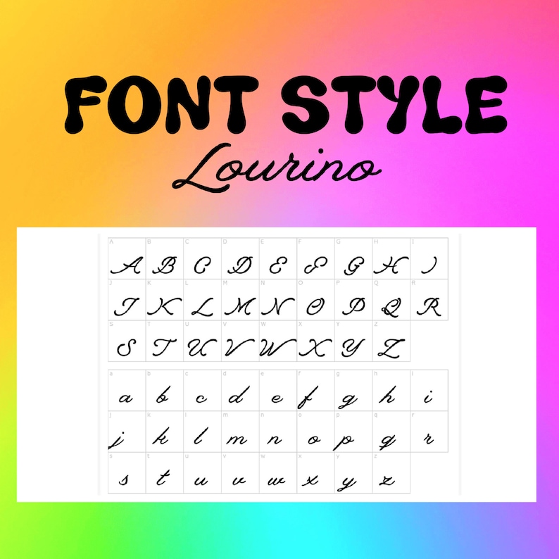 Pu&ograve; includere: Uno stile di font chiamato "Lourino" con uno stile di font scritto a mano. L'immagine mostra le lettere maiuscole e minuscole dell'alfabeto in nero.