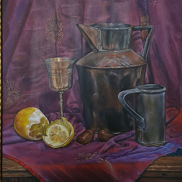 Copper pitcher and a peeled lemon - original/ vintage/ tempera painting/ on canvas/ still life/ food/ country/ living room