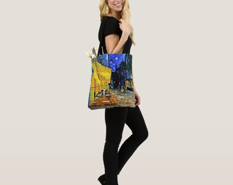 Breloque terrasse de café : sac à bandoulière fabriqué à la main avec oeuvre d'art Van Gogh pour un style quotidien. Sac à bandoulière peint main Van Gogh pour tous les jours