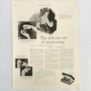 May include: A black and white advertisement for Cutex Manicuring Products. The ad features a woman with manicured nails and a close-up of hands using the products. The text reads "The delicate art of manicuring. How you can do your own nails as perfectly as a professional."  The ad also includes a small image of a Cutex Manicuring Set with a price of 20 pence.